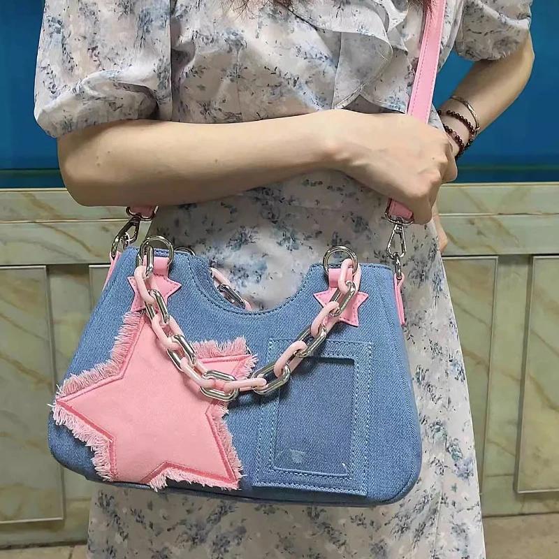 Корейская мода, сумка через плечо, подмышки, Harajuku Star, джинсовая сумка, женская сумка на цепочке, кошельки на молнии, женские сумки 2023, роскошная квадратная сумка