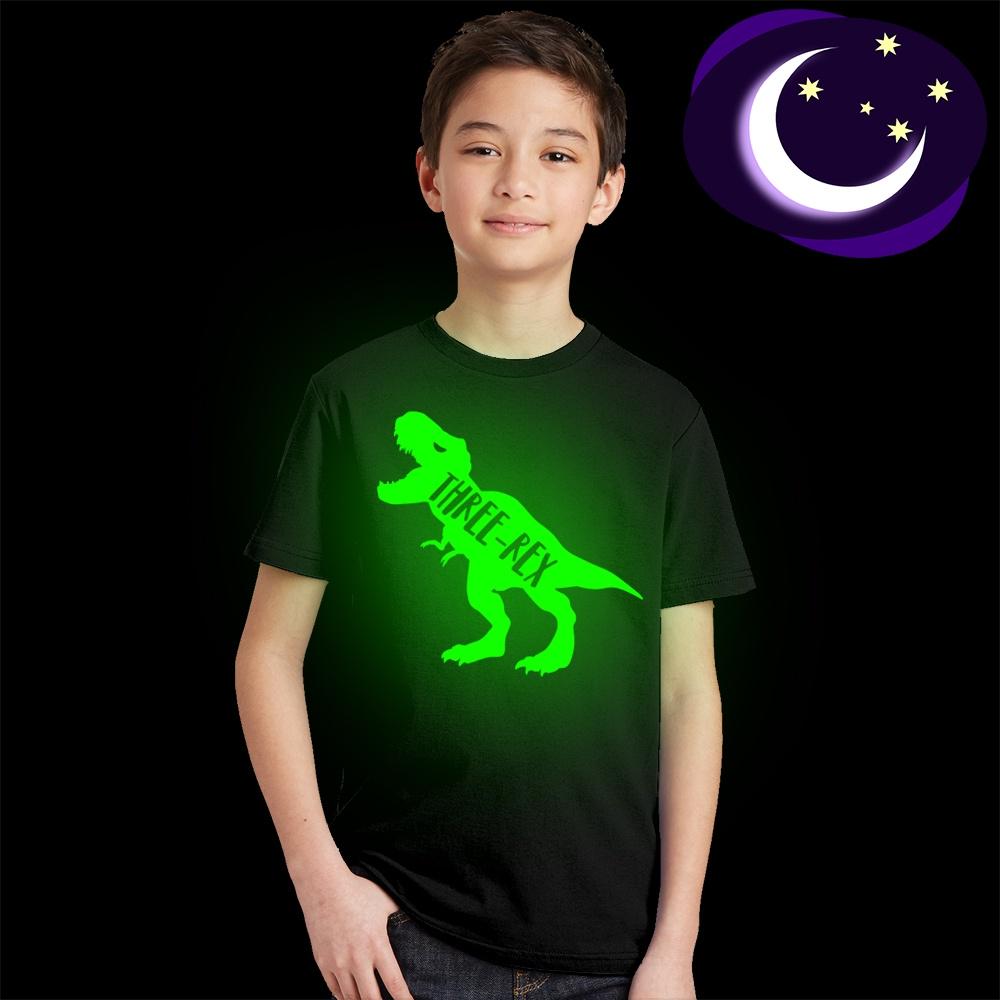 Детская футболка Three-Rex T-Rex Dinosaur, светящаяся в темноте Geen Light, светящаяся детская футболка 1 чёрный