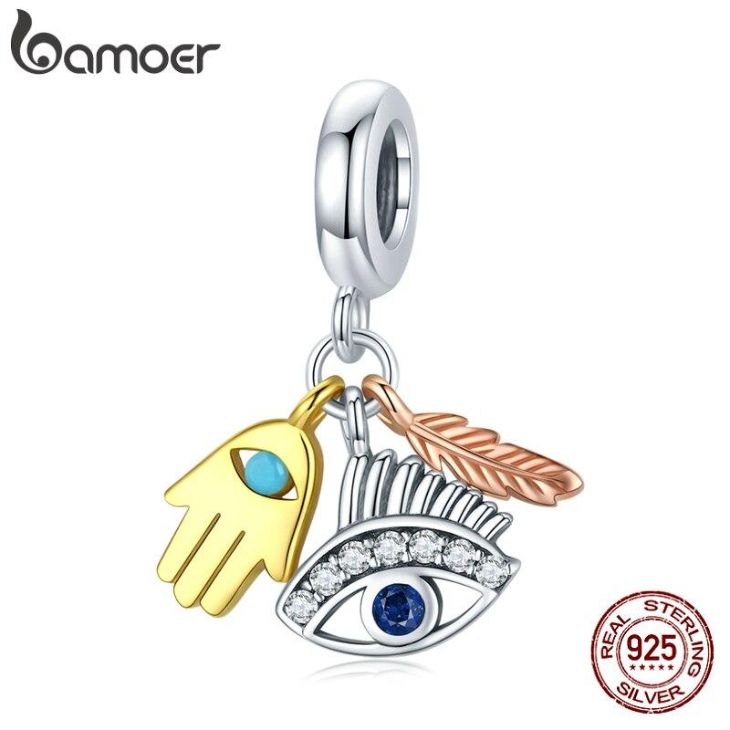 BAMOER стерлингового серебра 925 пробы кулон Guardian Lucky Hand Devil Eye перья красочный Шарм для оригинального браслета 925 silver