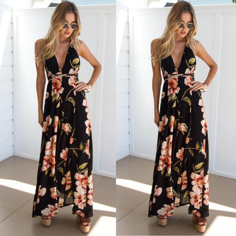 Летнее платье с цветочным принтом, Vestidos Mujeres, сексуальное платье макси, длинные плиссированные платья, халат с открытой спиной, женский халат, длинное вечернее платье S чёрный