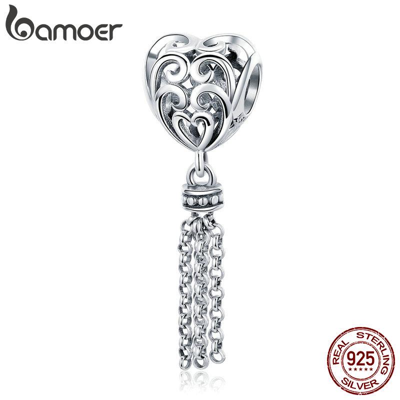 BAMOER Стерлинговое серебро 925 пробы Ажурное сердце с длинной кисточкой Подвеска-бусина подходит для женских браслетов-подвесок