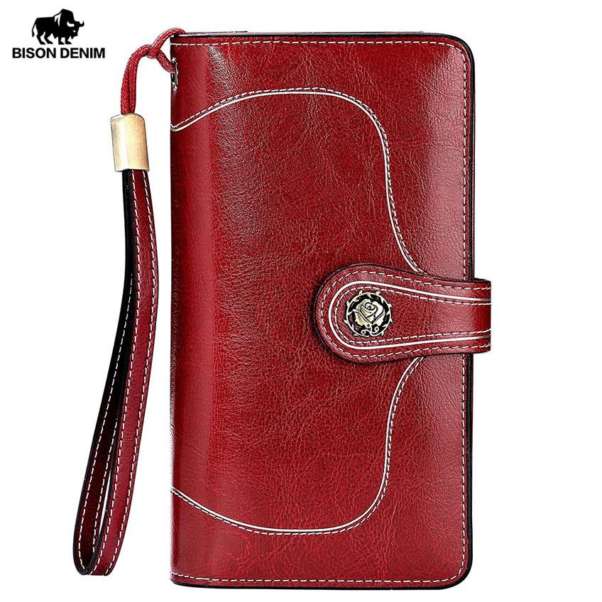 BISON DENIM модный женский кошелек с RFID-блокировкой, длинный кожаный кошелек большой емкости на молнии, клатч, держатель для карт синий