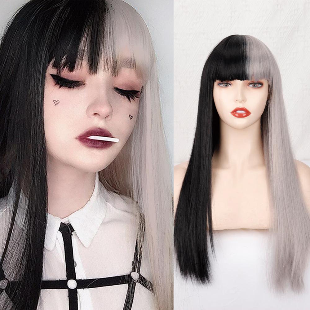 MISS WIG Длинный прямой парик Косплей Черный Серый парик для женщин с челкой Парик из синтетического высокотемпературного волокна 24inches
