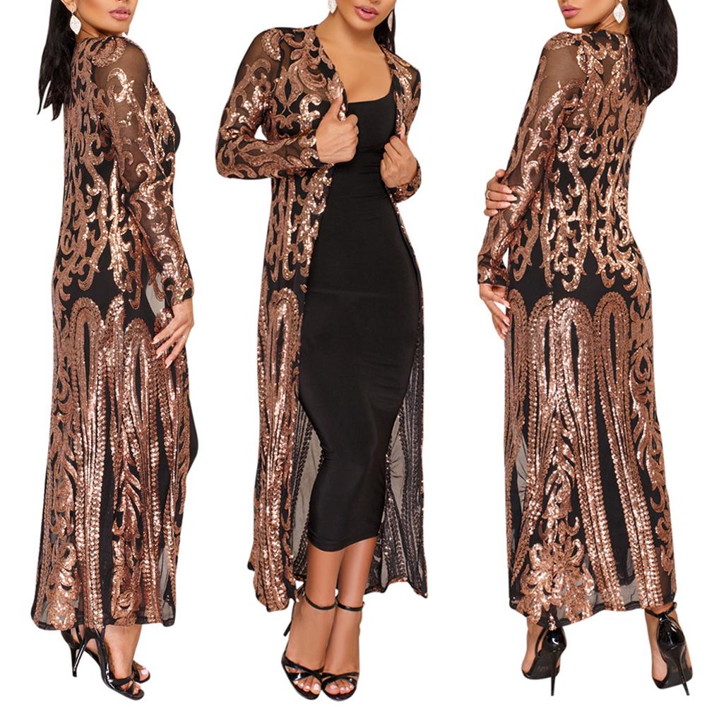 Lily Lady Sexy Sequin Perspective Long Sleeve Maxi?Coat Gown Cardigan S серебряный