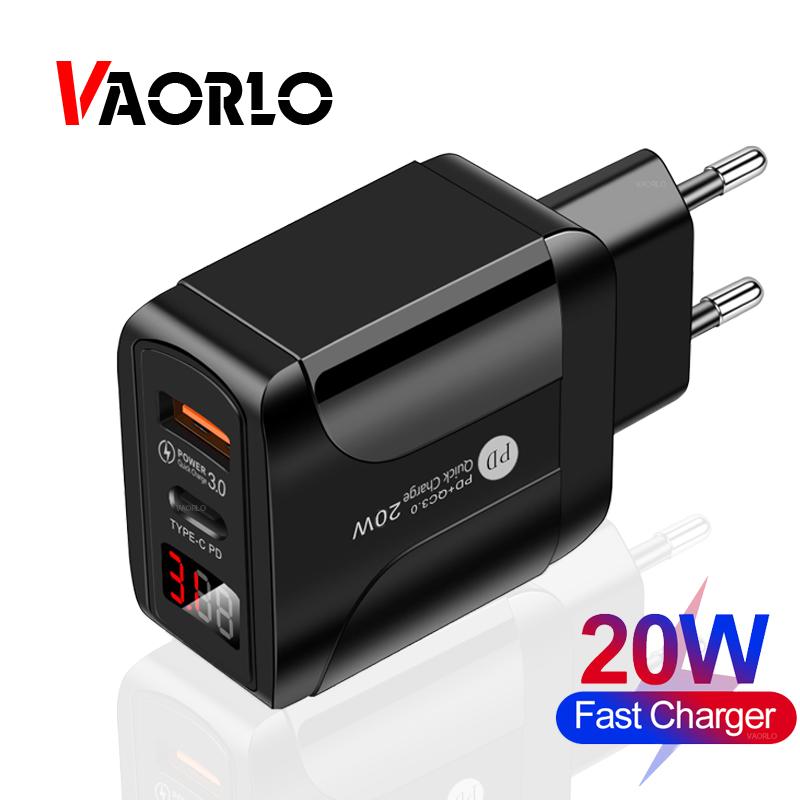 Зарядное устройство VAORLO со светодиодным дисплеем Type-C PD 20 Вт, быстрая зарядка QC3.0, USB-порт для быстрой зарядки для iPhone 12, Xiaomi, Huawei EU чёрный