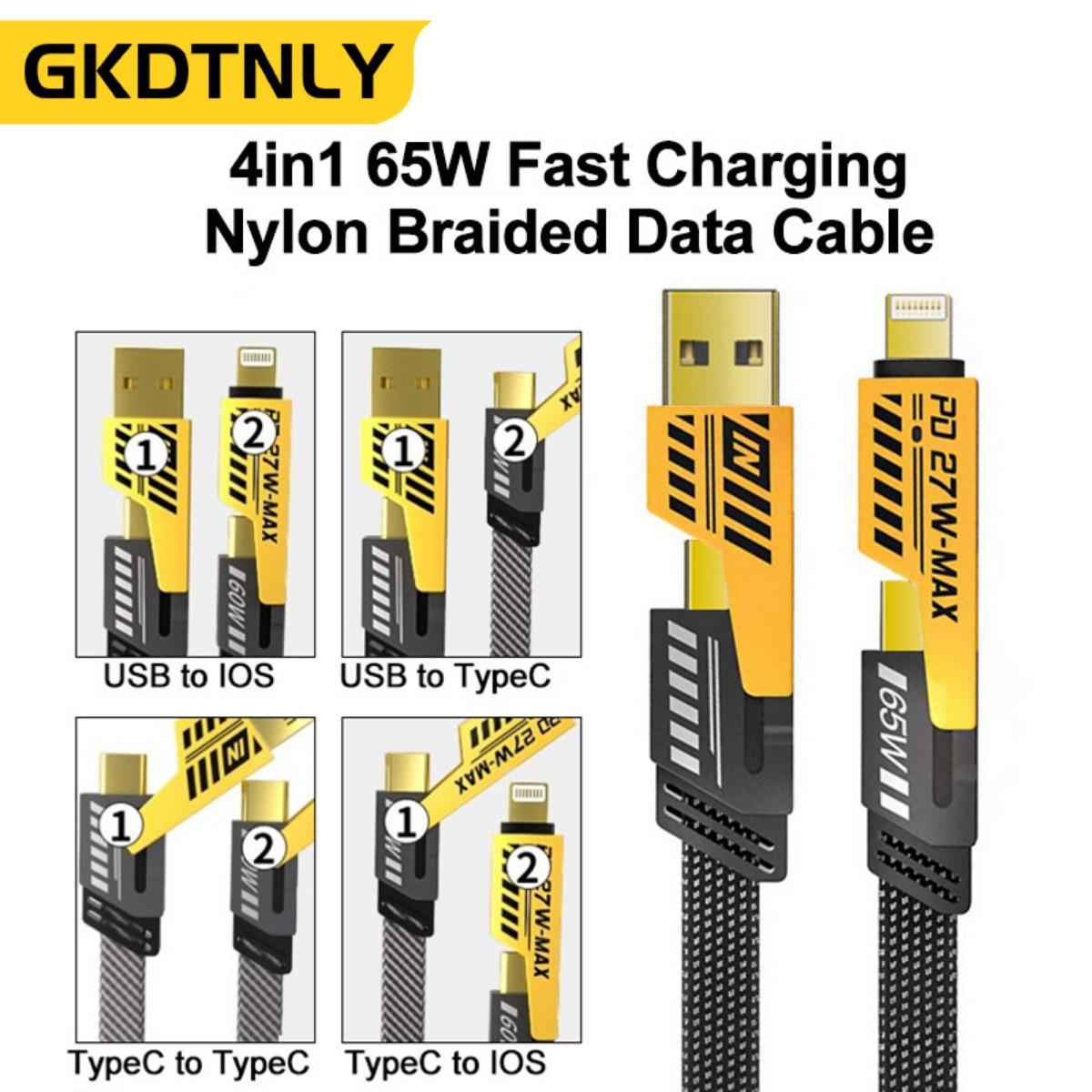 Кабель для быстрой зарядки 4 в 1 CL, CC, USB-C, USB-L, нейлоновая плетеная проволока, макс. 65 Вт, механический зарядный кабель чёрный