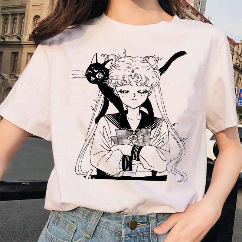 Футболка Sailor Moon 90s Funny T-Shirt Harajuku Clothes Tshirt Aesthetic Cat Anime Unisex Cute FeUnisex T L