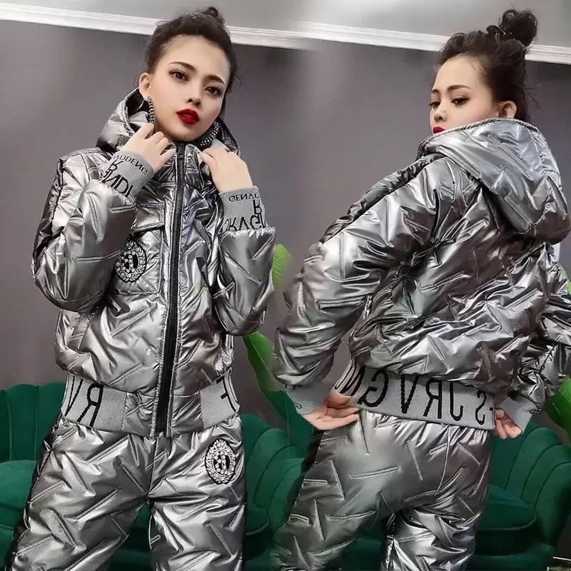 Зимний стиль, корейская мода, пуховая хлопковая куртка, женский костюм с капюшоном, толстая хлопковая стеганая куртка, хлопковые брюки, повседневный костюм из двух предметов 4XL белый