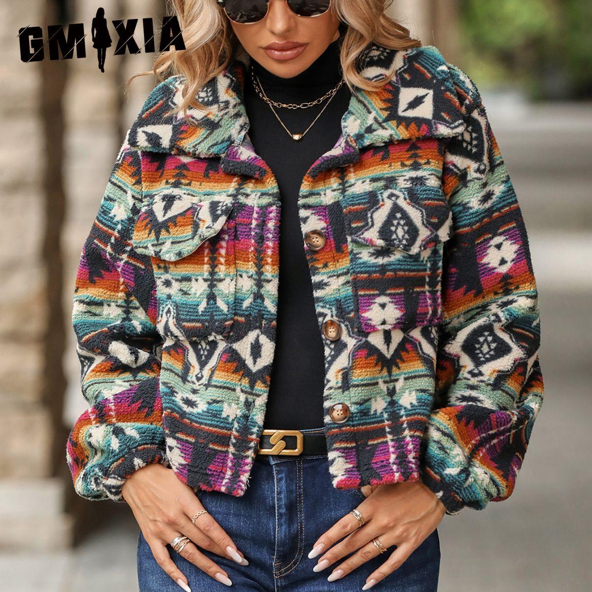GMXIA Мерцающая осенне-зимняя женская одежда с принтом в знаменитом этническом стиле, свободное короткое пальто с длинным рукавом для женщин S