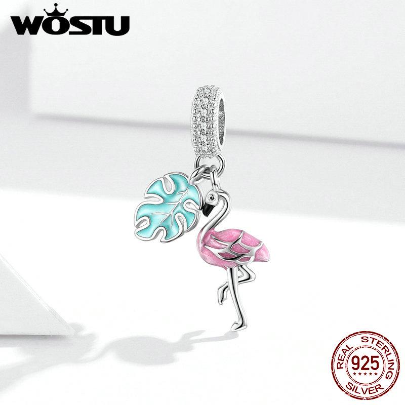 Подвеска WOSTU из стерлингового серебра 925 пробы, летняя розовая эмаль, подвеска с фламинго, подвеска для браслета 925 silver