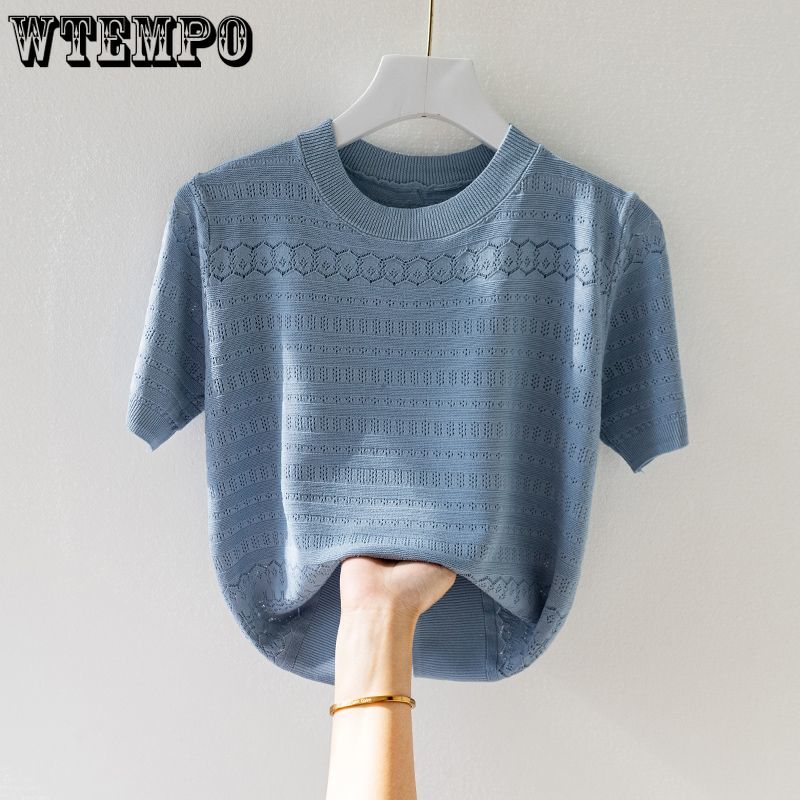 WTEMPO Женская свободная футболка с круглым вырезом и коротким рукавом, летняя модная стильная удобная повседневная футболка, трикотажная дышащая футболка с полым дизайном S кофейный