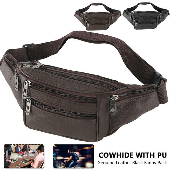 Мужская кожаная поясная сумка Fanny Pack с несколькими карманами для хранения чёрный