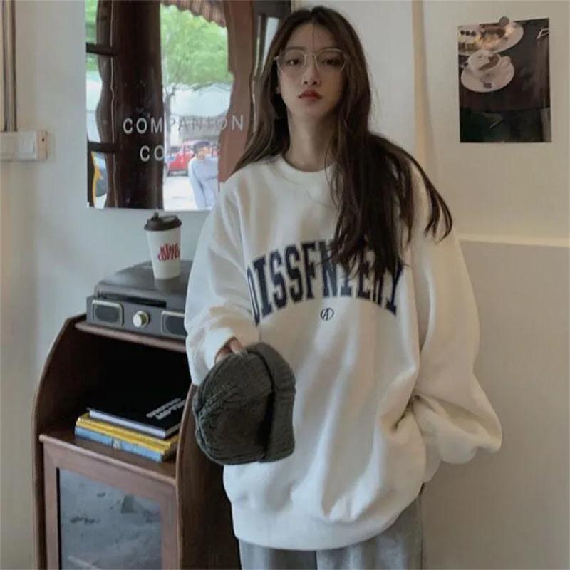 Винтажная уличная флисовая толстовка большого размера, корейская мода, Kpop, свитшот с круглым вырезом, женские пуловеры, осенне-зимний топ, новинка M чёрный