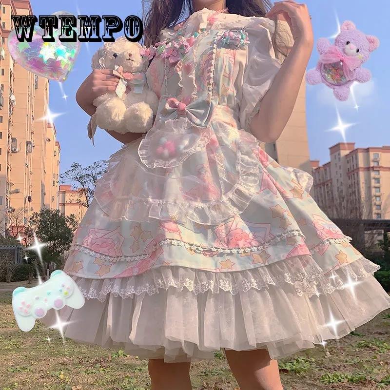 Kawaii платье на подтяжках Harajuku японское пастельное готическое платье с принтом конфетный принт с принтом свиньи милое платье Лолиты летнее платье DDLG звезды подарок на Tumblr XL белый