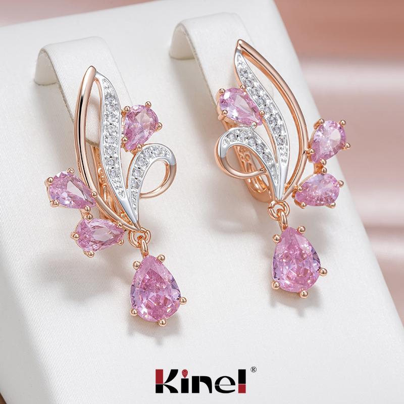 Длинные серьги-капли Kinel с розовым цирконием для женщин, роскошные вечерние ювелирные изделия серебряного цвета серебряный