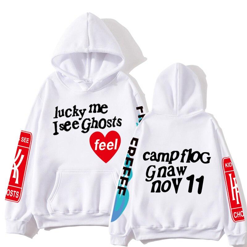 Свитшот с принтом граффити и буквами Lucky Me I See Ghosts для мужчин и женщин с длинным рукавом в стиле хип-хоп, повседневная одежда с капюшоном S чёрный