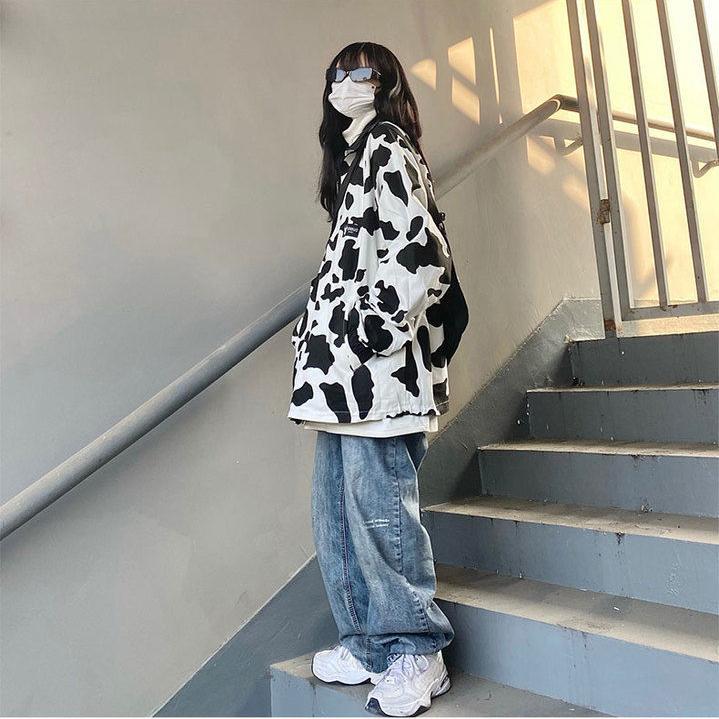 Куртка с коровьим принтом, женские куртки оверсайз, Harajuku, корейское двустороннее пальто с длинными рукавами, винтажная уличная одежда в стиле хип-хоп S чёрный