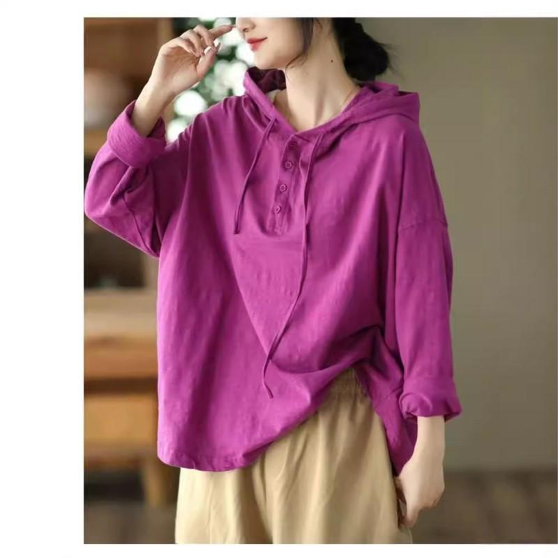 Johnature Vintage Personality с капюшоном однотонные свободные рубашки женские осенние повседневные рубашки с длинными рукавами L чёрный