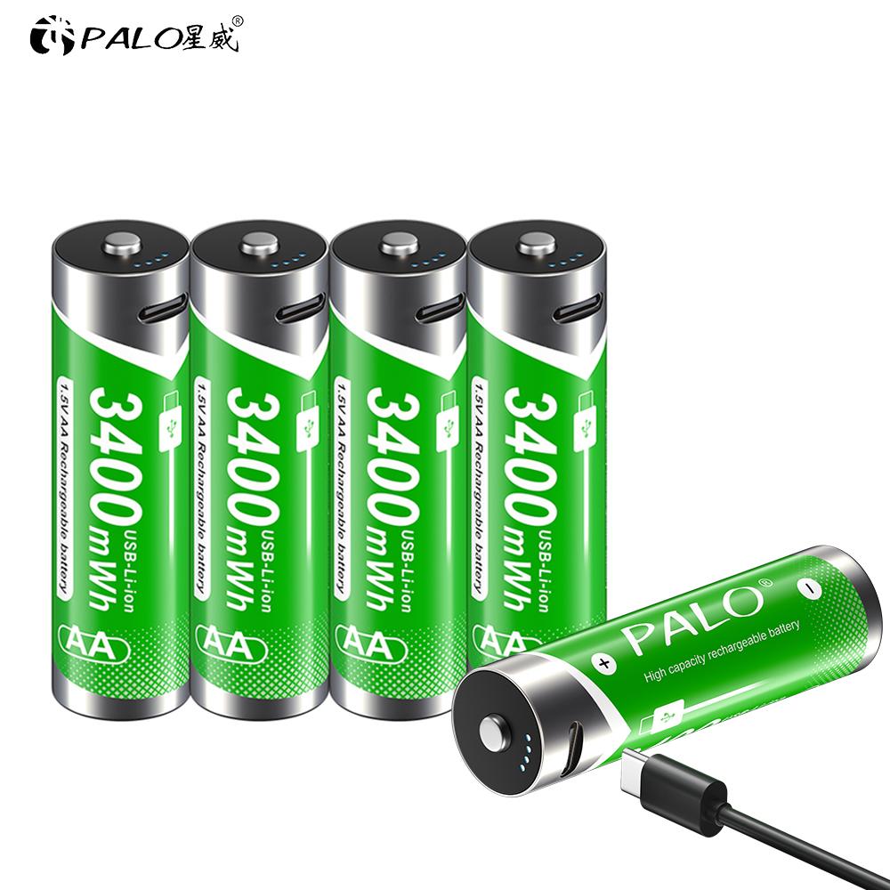 PALO Новая литий-ионная аккумуляторная батарея AA USB 1,5 В AA 3400 мВтч для игрушечных часов MP3-плеера термометра клавиатуры 2 batteries