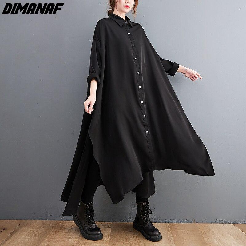   Joom DIMANAF Осеннее платье Женская одежда Платье-рубашка Oversize Хлопок Элегантный женский повседневный свободный винтажный кардиган с длинными рукавами Черный One Size чёрный