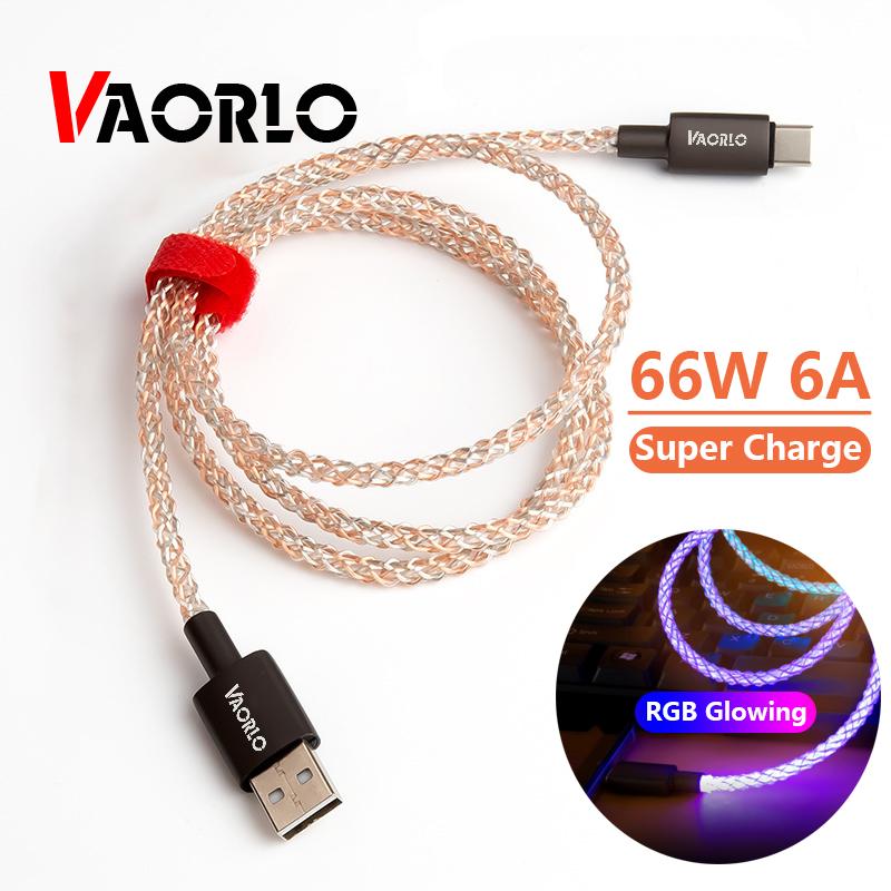 VAORLO новейший светящийся зарядный кабель RGB 66 Вт 6A Type-C USB-кабель для телефона с суперзарядкой для микро освещения, быстрая зарядка для iphone Xiaomi For Micro