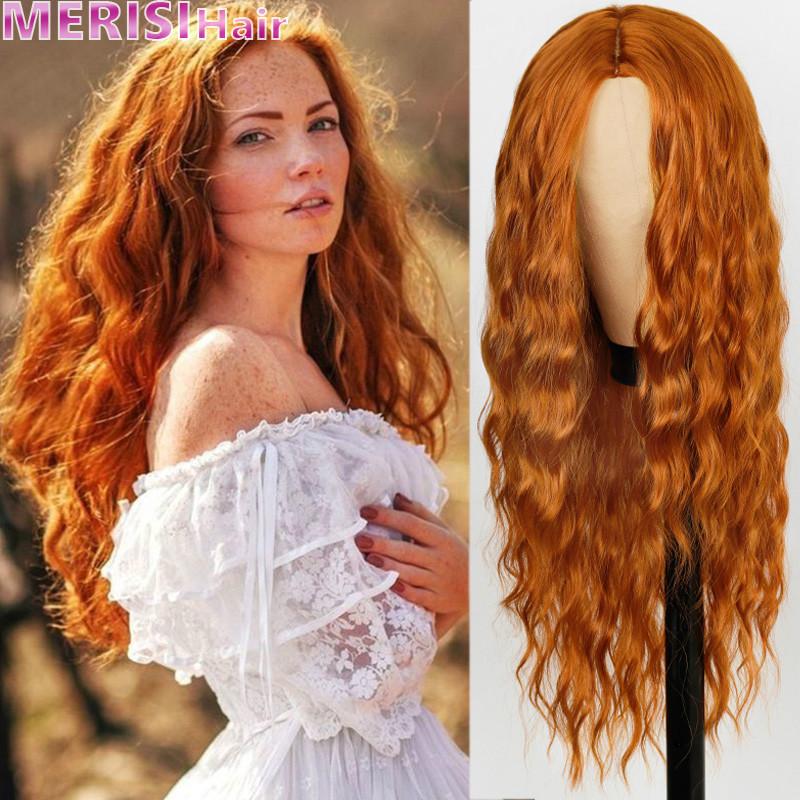 MERISIHAIR Pure Red Black Orange Color Long Water Wave Парики для прически для женщин Синтетические волосы Высокотемпературное волокно Средний размер