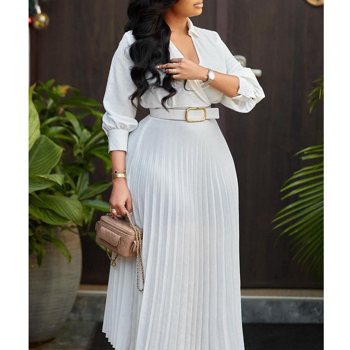 Qooth Trendy Women Elegant Solid Color Long Sleeve V-образный вырез Плиссированное платье Elegant Plus Size Casual Dresses Dresses With Belt QT2359 S белый