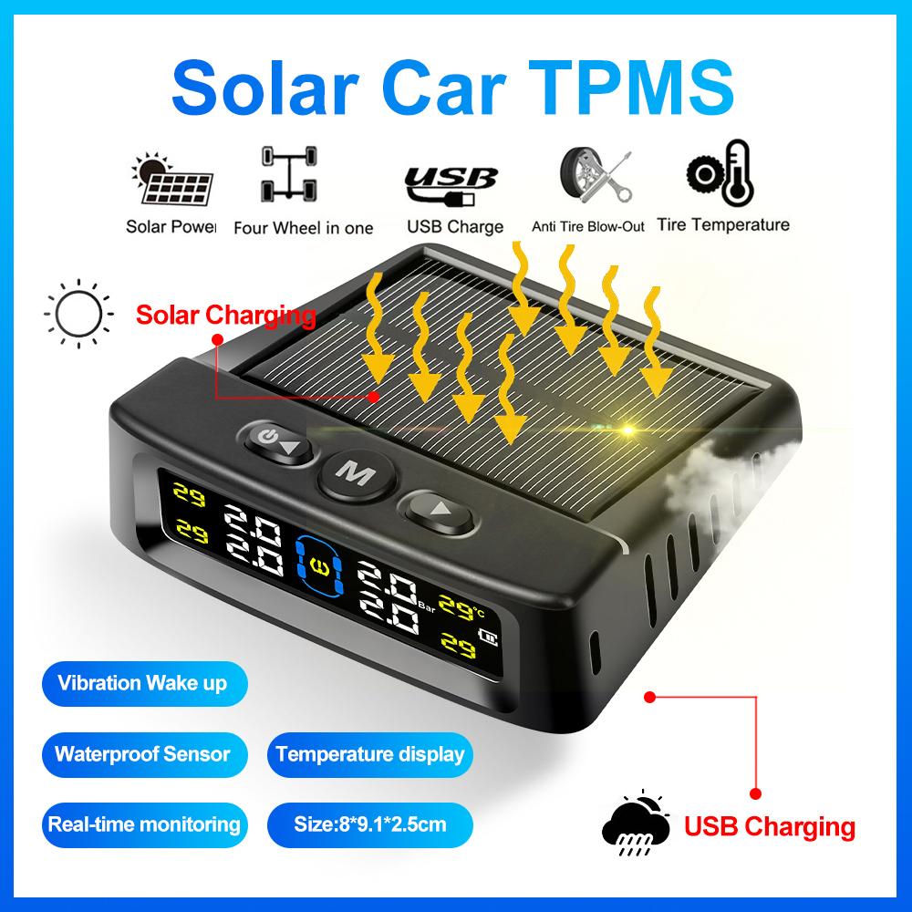 Солнечная система TPMS Автомобильное устройство сигнализации давления в шинах Автоматическая безопасность давления в шинах Цветной цифровой дисплей 4 внешних датчика Предупреждение о температуре давления в шинах