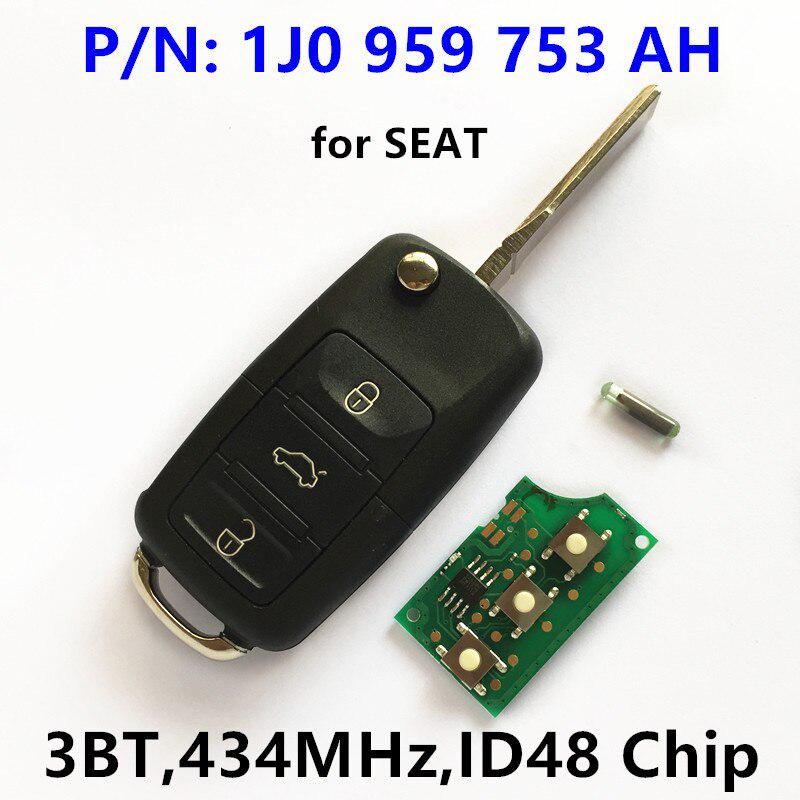 Дистанционный ключ с 3 кнопками для SEAT SEAT Cordoba Ibiza Leon Toledo/5FA 008 399-10/434 МГц/ID48 чип/1J0959753AH/1J0 959 753 AH 753AH