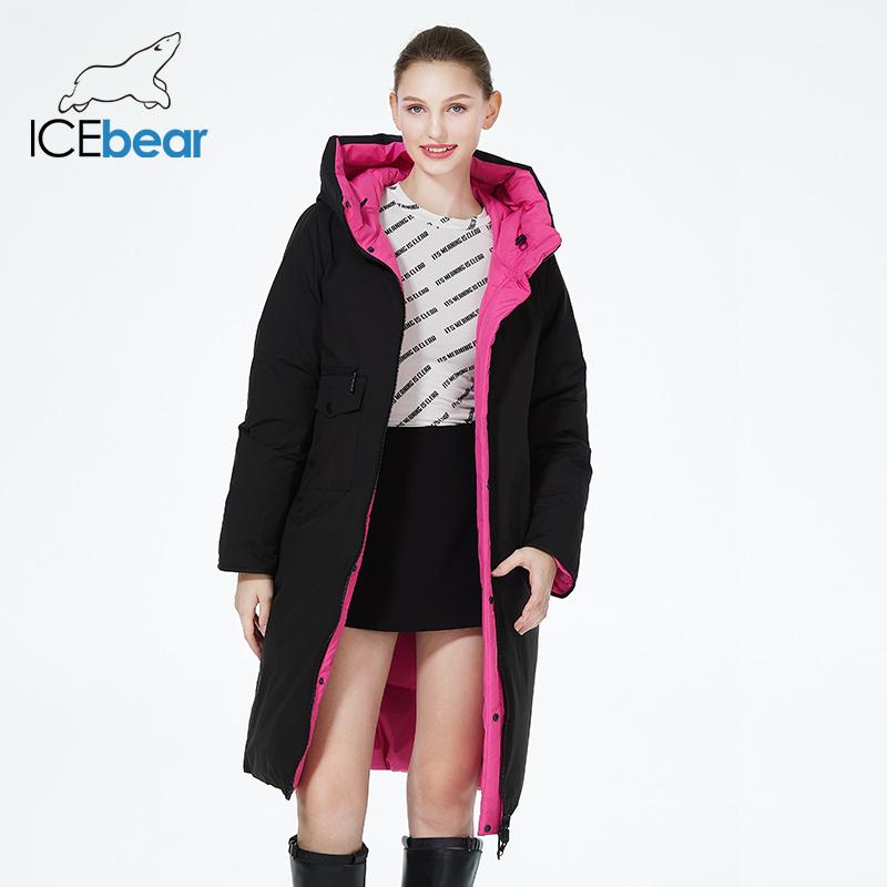 ICEbear Новинка 2023 года, женские длинные зимние куртки, тонкие двусторонние хлопковые пальто с капюшоном, брендовые женские ветрозащитные парки GWD3857I 42 белый