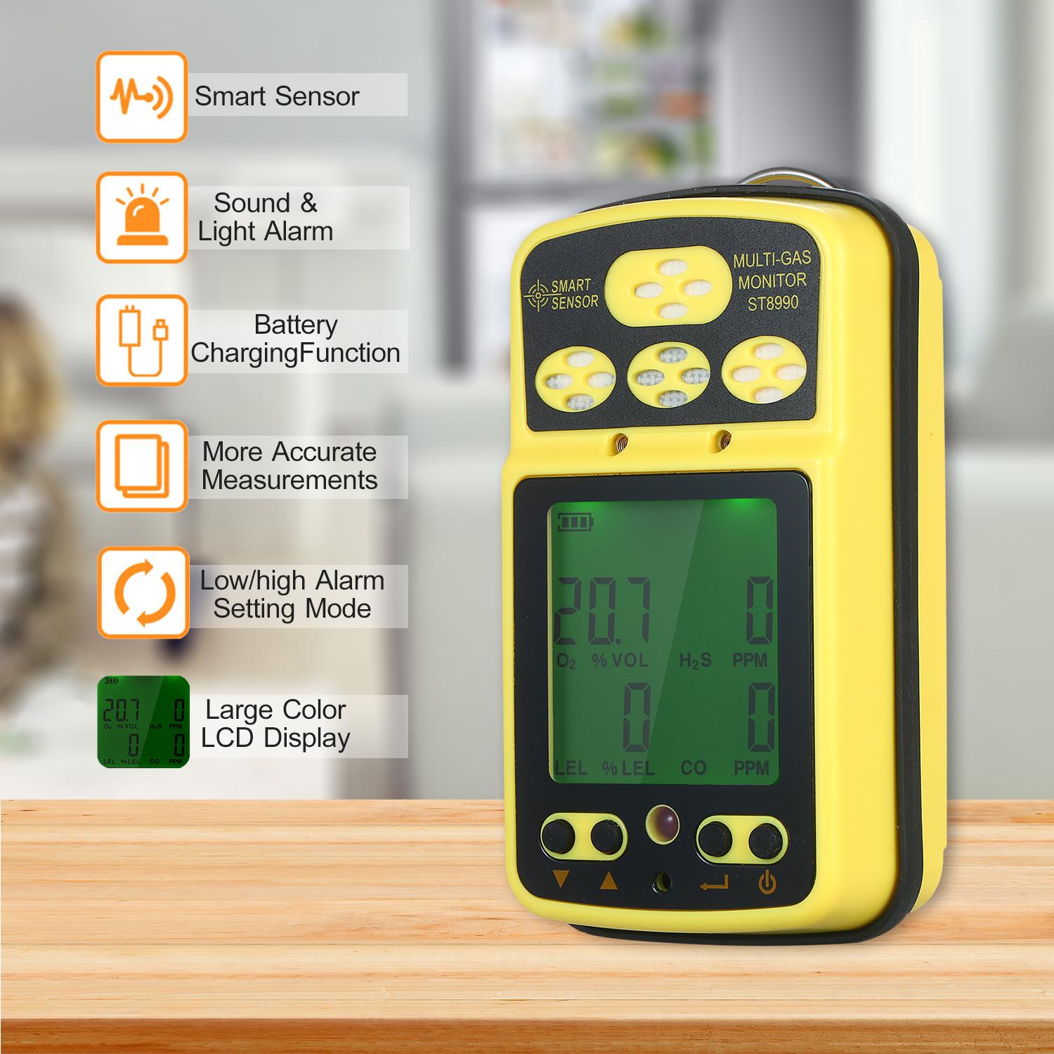 Пожарная безопасность  Joom SMART SENSOR ST8990 Мультигазовый монитор, перезаряжаемый 4-дюймовый детектор газа, тестер, датчик с подсветкой, функцией сигнализации, ЖК-дисплей, вилка европейского стандарта жёлтый