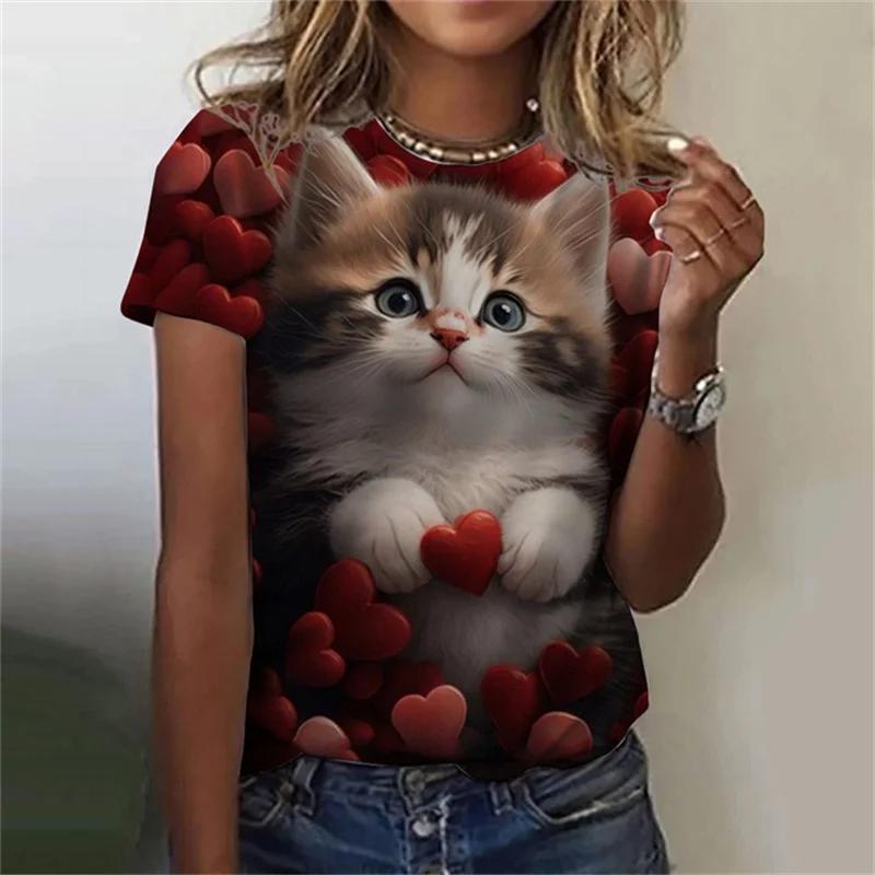 Модная женская футболка с 3D принтом Kawaii Cat Pattern, топ с короткими рукавами и круглым вырезом, летняя уличная повседневная уличная простая одежда XXS