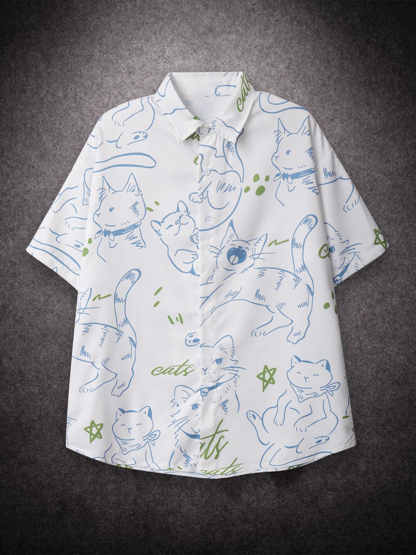 Рубашка свободного покроя свободного покроя с рисунком кота Prinr Hawaii Short Men Shirt Man American Printing Summer Universal для пар в уличном стиле XL белый