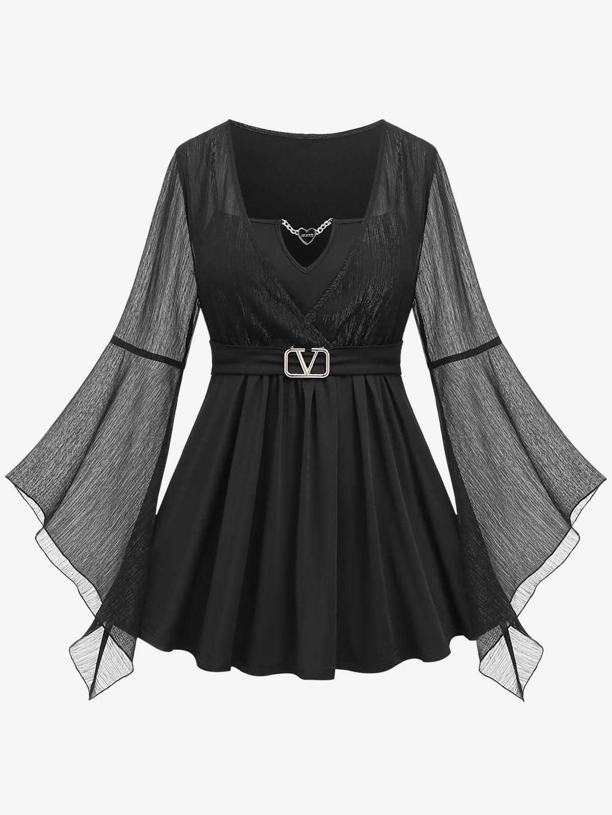 Футболка Rosegal Plus Size с рюшами, цепочкой, пряжкой, сетчатыми рукавами-колокольчиками L чёрный