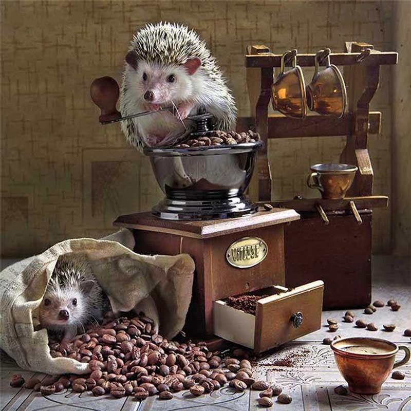 5D Вышивка Алмазная картина Ежик Алмазная мозаика Животные Изображение Rhinestone Coffee 25*25 cm