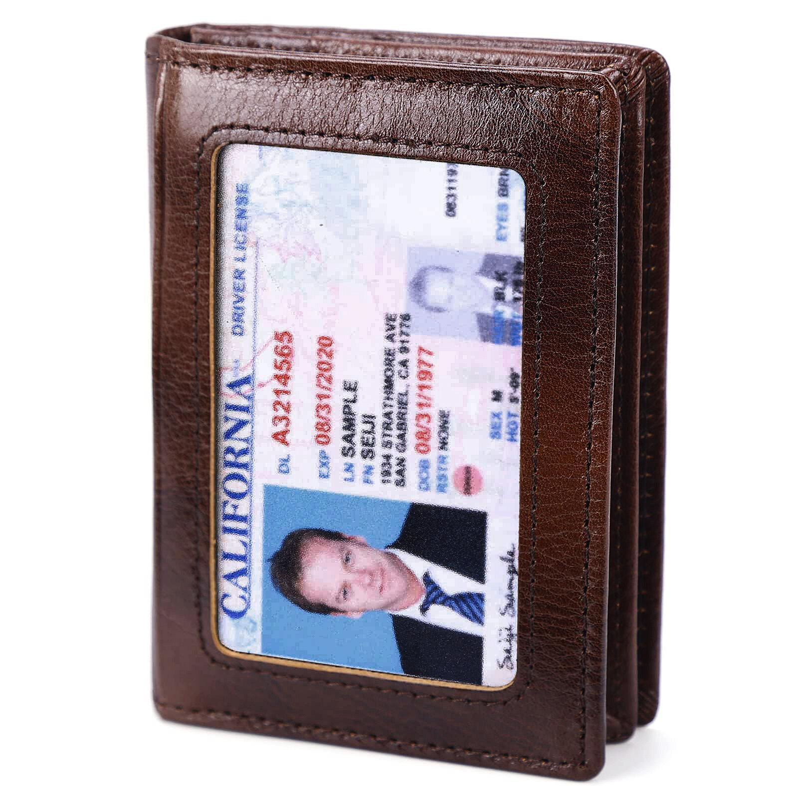Мужской тонкий передний карманный кошелек с RFID-блокировкой, двойной складной держатель для кредитных карт из натуральной кожи с окошком для удостоверения личности, ретро-стиль кофейный