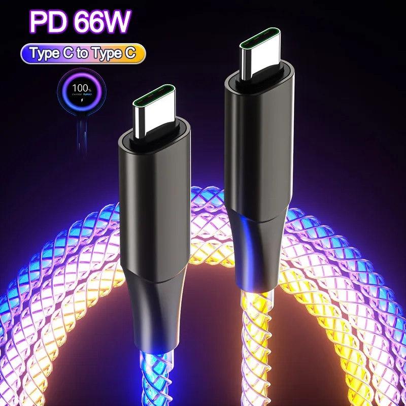 Цветной RGB-подсветка PD 66 Вт от типа C до типа C, кабель для быстрой зарядки и передачи данных для Xiaomi Redmi, Samsung, Huawei OPPO 6A, USB C, зарядный шнур для передачи данных 1M
