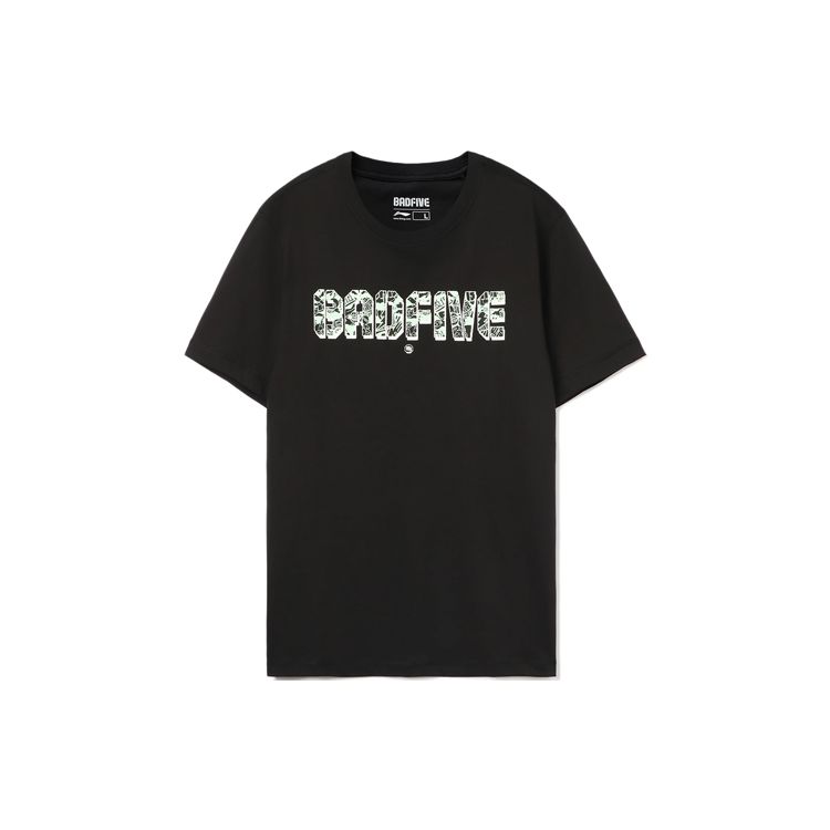 Li-Ning Badfive Sports Basketball Series Футболка с буквенным принтом и круглым вырезом, с короткими рукавами, мужские топы, черный AHSR473-1 L
