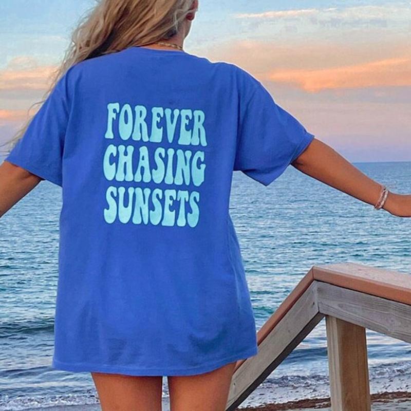 Женские футболки с принтом Forever Chasing Sunsets, футболка большого размера с круглым вырезом, повседневные топы для творчества, модные женские футболки с коротким рукавом S синий