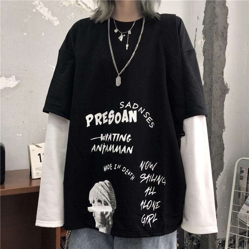 Harajuku винтажная футболка с длинным рукавом уличная одежда из двух предметов женская осенняя корейская модная лоскутная футболка с надписью Kpop одежда M чёрный
