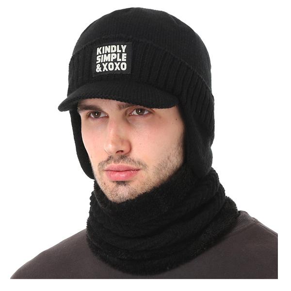 Зимняя шапка, шарф, шапочки Skullies для мужчин, вязаная шапка, женская маска, теплая толстая Балаклава-ушанка, шерстяной капот, мужская шапка-бини, шапка 55-63CM чёрный