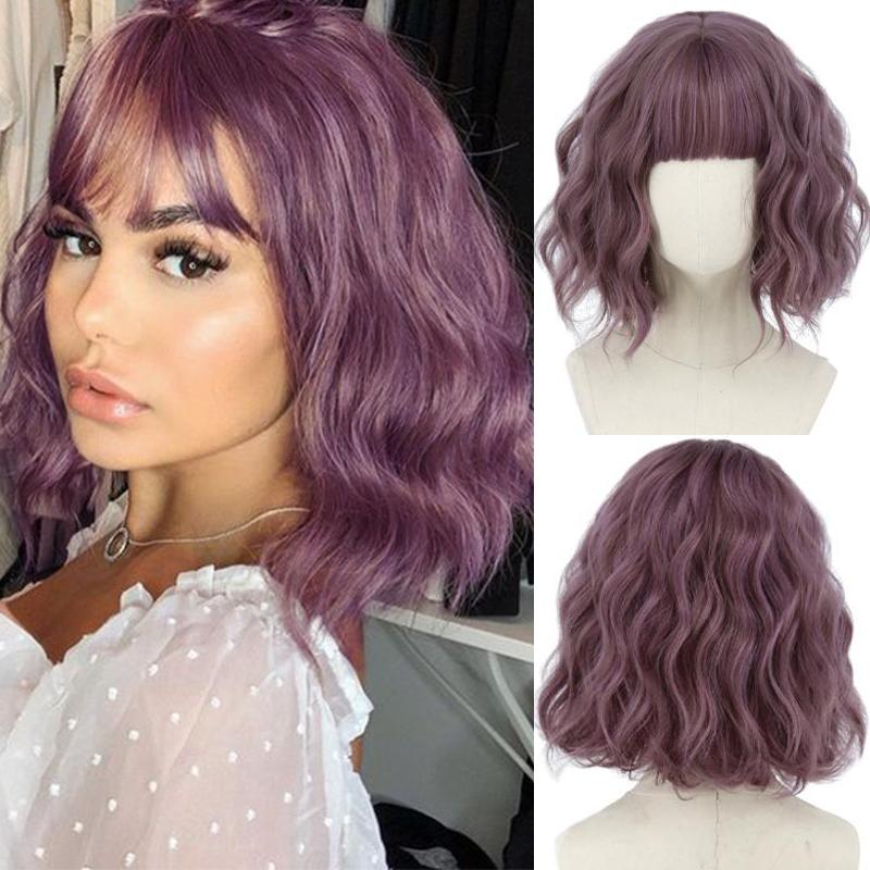 Парики из искусственных волос MISS WIG Короткие волнистые волосы Боб с челкой Фиолетовый цвет Синтетическое волокно Повседневная одежда Косплей Короткий волнистый парик для женщин