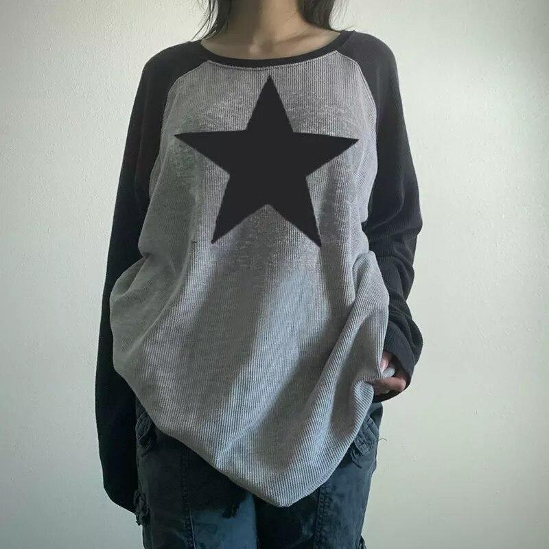 Sweetown Star Print Kawaii Y2K Пуловер Футболки Женские контрастные Лоскутные Одежда в стиле Харадзюку Длинные свитшоты с длинными рукавами в консервативном стиле Топы S серый
