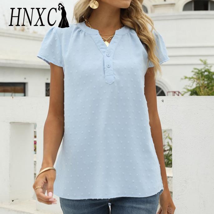 HNXC Женские модные повседневные летние однотонные блузки и рубашки с короткими рукавами и v-образным вырезом с принтом S белый
