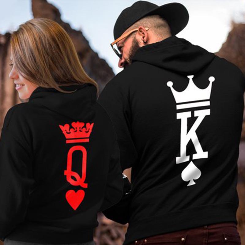 Толстовки для пар с принтом King Queen Crown для влюбленных, повседневная толстовка с карманом, теплые пуловеры с капюшоном, пальто 4XL