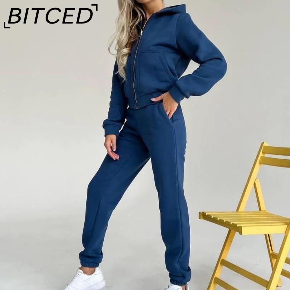 BITCED осенне-зимний флисовый женский комплект брюк с капюшоном и молнией с длинными рукавами S белый