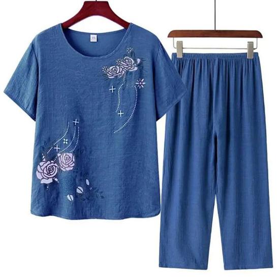 FASHION (XL-4XL) Женская свободная домашняя одежда с коротким рукавом и цветочным принтом, футболка, топ, брюки, домашний наряд XL зелёный