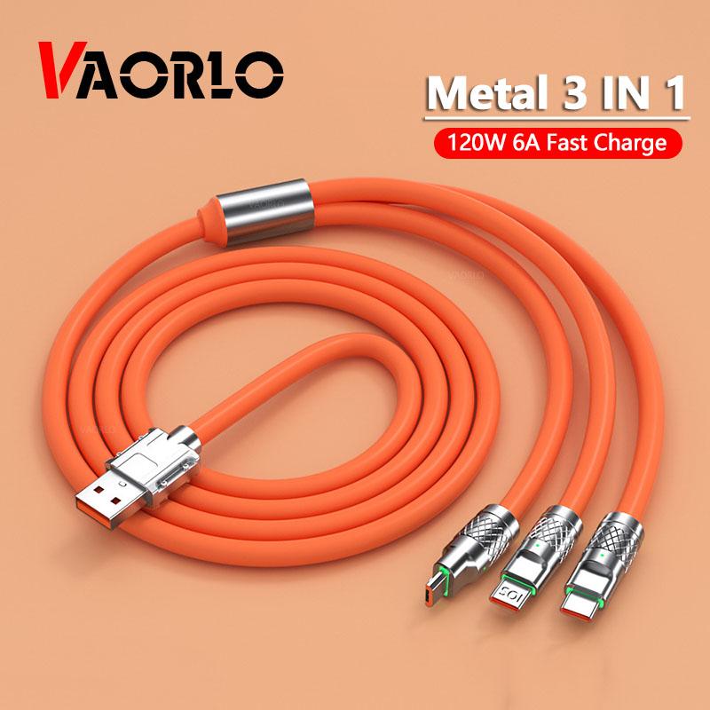 VAORLO Металлический USB-кабель для передачи данных 120 Вт 6A 3 в 1 Super Charge Быстрая зарядка для Micro Type-C с индикатором передачи 480 Мбит/с синий