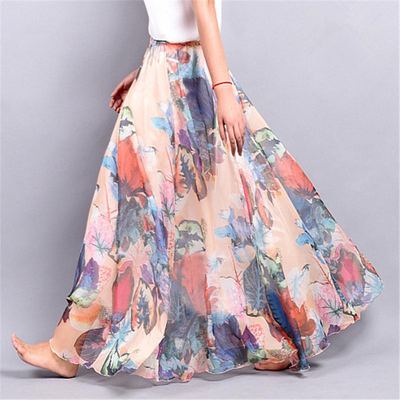 Женщины Boho длиной до пола, длинные пляжные вечеринки, свободные расклешенные винтажные богемные шифоновые юбки с цветочным принтом one size чёрный