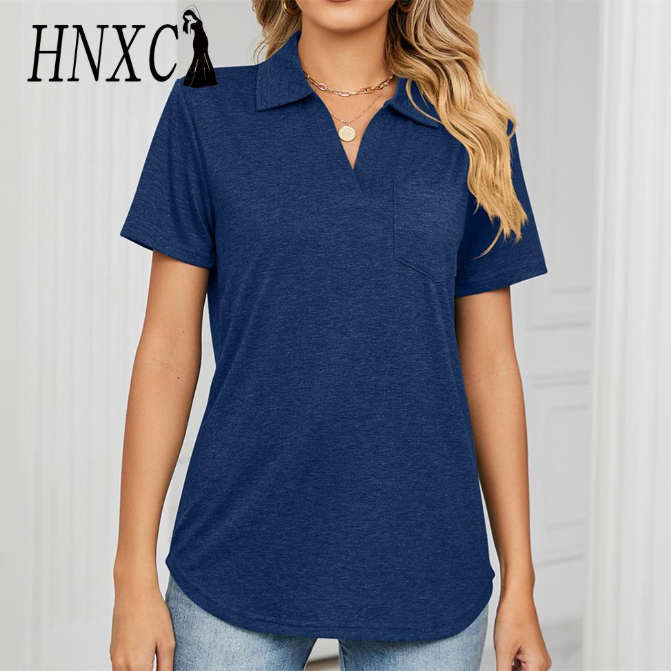 HNXC Женские модные повседневные летние однотонные блузки и рубашки с короткими рукавами и воротником-поло с принтом S белый